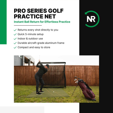 Golfer using Pro Series Golf Practice Net from Game Changing Launch Pro Circle B Edition Golf Launch Monitor Bundle with GPS.