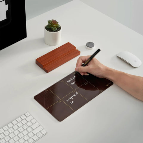 Person writing on Your Desk Go To Weekly Glass Dry Erase Board With Detachable Wood Stand In Burgundy Red Small Desktop Calendar To Do List Planner Whiteboard 12x6 with marker