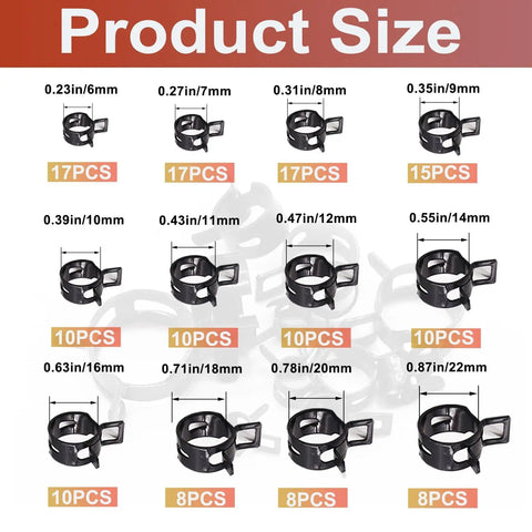 140 Piece Spring Band Hose Clamp Kit 12 Sizes From 6 To 22 Millimeters Black Finish Low Pressure Clamps size chart