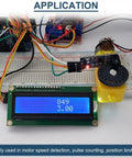 Speed Sensor Module LM393 Comparator Slot Type IR Optocoupler for motor speed detection with Arduino setup displayed.