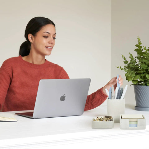 Woman using Desk Organizer Set Of 3 For Your Office Made From Sturdy Concrete To Upgrade Any Desk Setup With An Industrial Vibe