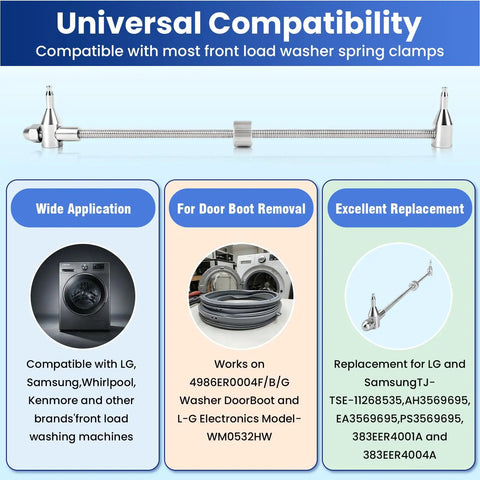 Built Like A Tank 304 Stainless Steel Washer Spring Removal Tool For Front Load Washing Machine Boot Gasket Replacement No Sweat Design, shown compatible with LG and Samsung.