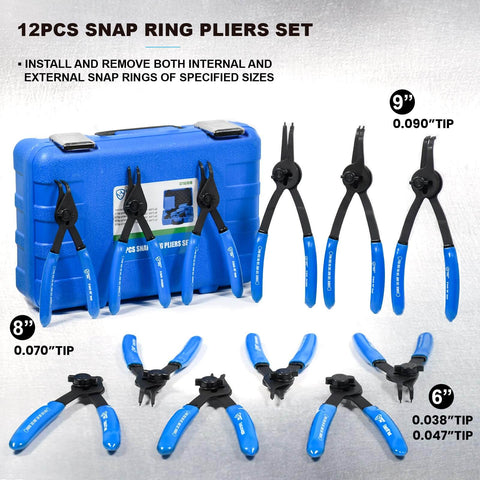 12 Piece Versatile Retaining Snap Ring Pliers Set with blue handles and storage case; includes 0.038in, 0.047in, 0.070in, 0.090in tips.