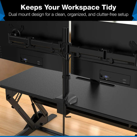 Close-up of Dual Monitor Standing Desk Converter with 36 Inch Wide Surface and dual monitor mounts on a tidy workspace