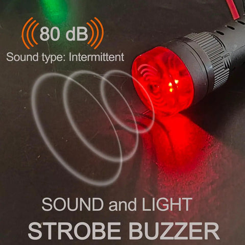 High-Performance 2-Pack 16mm 12V Intermittent Buzzer with Vibrant Red LED Flash Indicator emitting sound waves in strobe mode