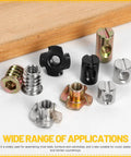 60 Piece M6 Barrel Nut And T Nut Hardware Kit Nickel Plated Carbon Steel Threaded Inserts on wooden surface.