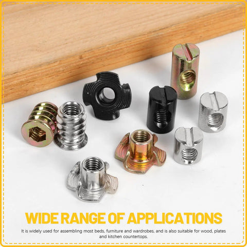 Heavy Duty Assorted M6 Barrel Nuts With Zinc Plated Tee Nuts And Threaded Inserts For Wood Furniture Assembly No Sweat Pro Grade DIY hardware kit parts layout.