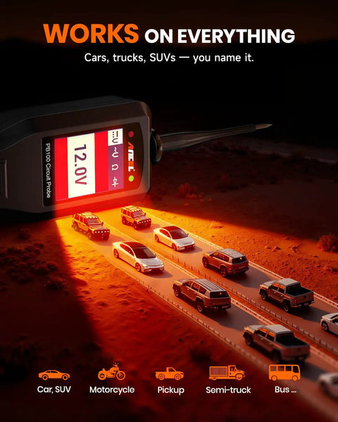 All In One Power Circuit Tester For 6 To 30V Vehicle And Trailer Electrical Diagnosis on a highway background with various vehicles.