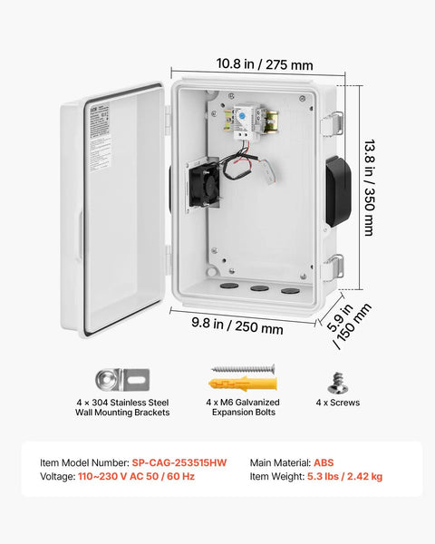 Tough-As-Nails Outdoor Electrical Box With ABS Housing Waterproof IP65 Enclosure Built-In Thermostat And Cooling Fan Ventilated Junction Box With Mounting Plate And Cable Grommets For Indoor And Outdoor Use, 10.8 x 13.8 x 5.9 in, white