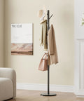 Freestanding Coat Rack With Natural Marble Base And 10 Hooks, 3 Height Adjustable Coat Tree For Bags, Clothes, And Hats, Sturdy Black Metal Stand