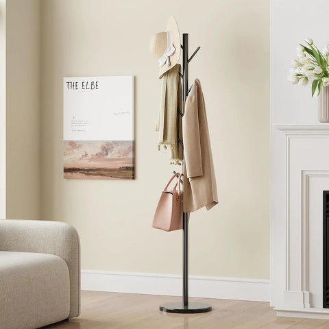 Freestanding Coat Rack With Natural Marble Base And 10 Hooks, 3 Height Adjustable Coat Tree For Bags, Clothes, And Hats, Sturdy Black Metal Stand
