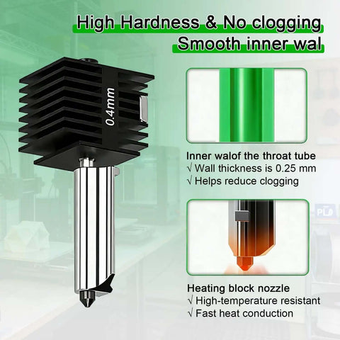 2 Pack A1 Mini And A1 Hotend Kit With 0.4mm Hardened Steel Nozzle, details of throat tube and heating block nozzle features