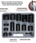 Master Ball Joint Adapter Set For GM Ford And Dodge Trucks Vans And SUVs Through 1997 Includes All Receiving Tubes And Installing Adapters For Press Fit Upper And Lower Ball Joints, organized in case.
