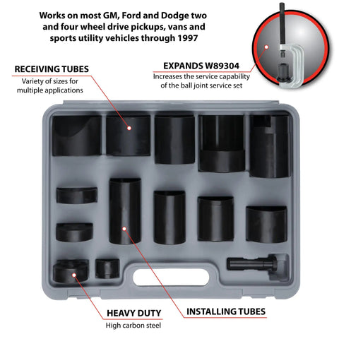 Master Ball Joint Adapter Set For GM Ford And Dodge Trucks Vans And SUVs Through 1997 Includes All Receiving Tubes And Installing Adapters For Press Fit Upper And Lower Ball Joints, organized in case.