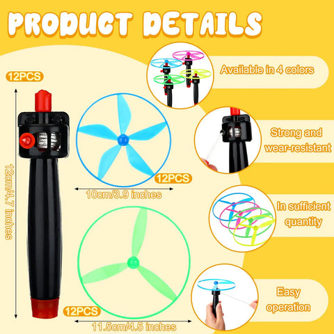 Product details of Disk Helicopter Toy Set With 12 String Launchers And 24 Flying Saucers For Outdoor Fun, Go-To Party Favors.