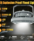 250W LED Explosion-Proof Light For Hazardous Locations UL 844 Class I Division II 35000LM 5000K IP66 Waterproof ATEX design