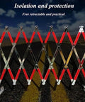 Tough Expandable Metal Barricade And Portable Folding Security Gate For Quick Road Closure Setup Plus Rock Solid Scissor Barrier crafted from stainless steel with visible red safety markings, set on a roadway.