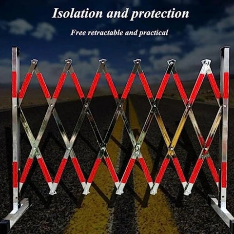 Tough Expandable Metal Barricade And Portable Folding Security Gate For Quick Road Closure Setup Plus Rock Solid Scissor Barrier crafted from stainless steel with visible red safety markings, set on a roadway.