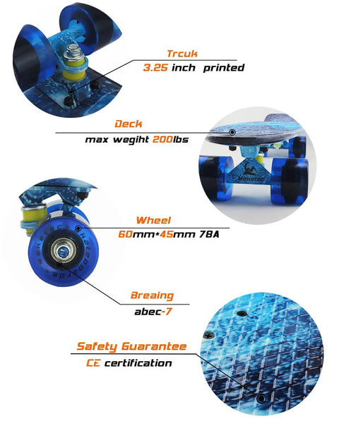 Complete Mini Cruiser Skateboard For Kids And Beginners 22 Inch Starry Sky Retro Deck, close-up of wheels and trucks, CE certified