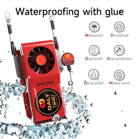 Programmable Smart BMS For 16S LiFePO4 48V Setups With UART 250A Protection Module showing waterproof glue feature.