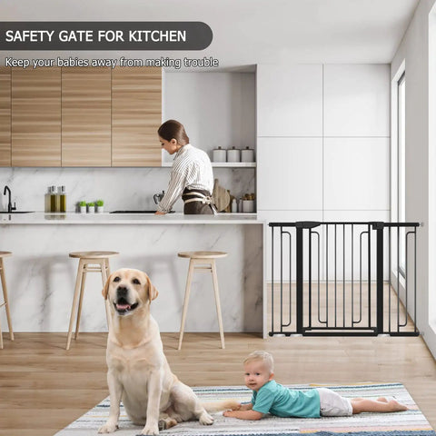 36 Inch Tall Stair Baby Gate With Door, Extra Wide Adjustable From 29.3 Inches To 51.5 Inches, Pressure Mounted Black Gate For Stairs