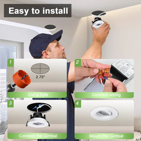 Canless Recessed Gimbal Downlight 3 Inch Eyeball Spotlight With 5 CCTs, Dimmable 8W, 360 Degree Rotatable and 30 Degree Tilt, Includes Junction Box, White Round Trim, Easy Install Ceiling Lights Kit, 6 Pack