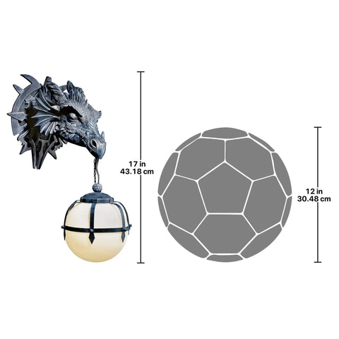 Marshgate Castle Dragon Electric Wall Sconce Light Fixture in gray stone with frosted glass globe, 9W x 11D x 17H, polyresin.