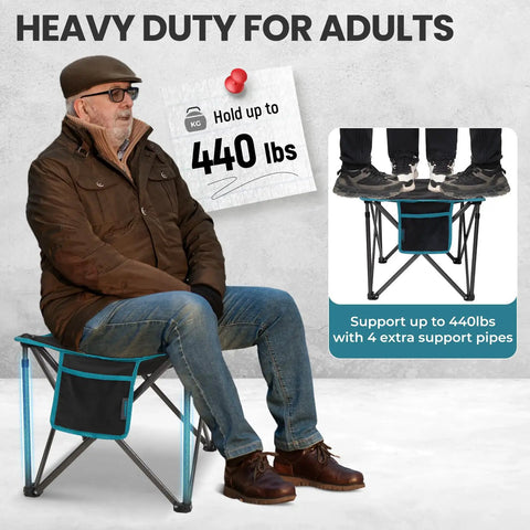 Oversized Padded Camping Stool For Adults, 18.1 Inch Wide Seat, Thick 240GSM Cotton Cushion, 440 Lbs Heavy Duty Outdoor Camp Chair