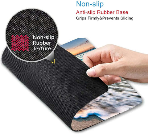 Close-up of Coastal Sunset Themed Mouse Pad For Laptop And Desktop Cute Customizable Small Desk Pad With Non Slip Rubber Base Ultra Smooth Surface Portable Office Accessory For Work From Home And Travel Dope Gift Idea, showing non-slip rubber base.
