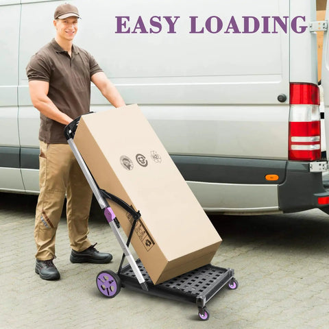 Collapsible Shopping Cart On Wheels Folding Utility Cart with 360 Degree Swivel Wheels carrying box next to a van