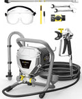 Heavy Duty Airless Paint Sprayer Pumping 3000 Psi 0.31 Gpm with hose, goggles, and accessories for exterior projects.