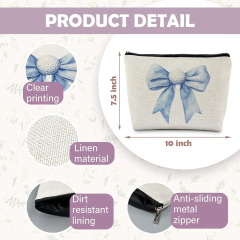 Golf Themed Makeup Bag For Women, Blue Golf Ball Bows Cosmetic Pouch And Toiletry Organizer shown with product details