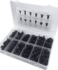 Rig Ready Black Nylon Push Type Retainer Clip Assortment Kit For Auto Bumper Fender Liner Trim Panel Fasteners in organizer box.