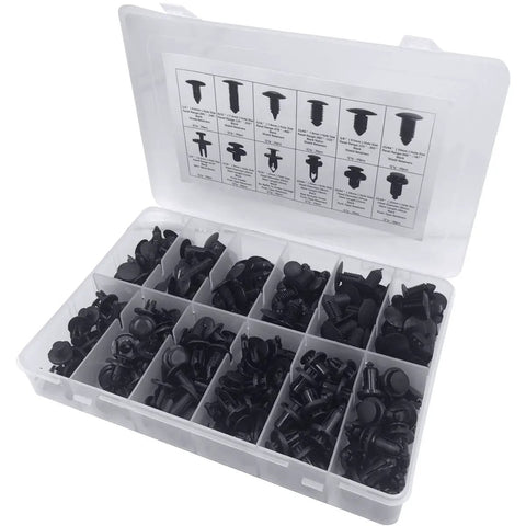 Rig Ready Black Nylon Push Type Retainer Clip Assortment Kit For Auto Bumper Fender Liner Trim Panel Fasteners in organizer box.