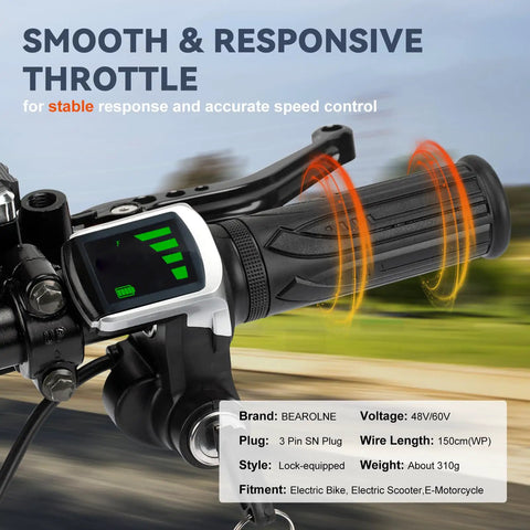 Full Twist Throttle For 48V Ebike With LED Display And Key Lock, mounted on handlebar, showing LED power indicator.