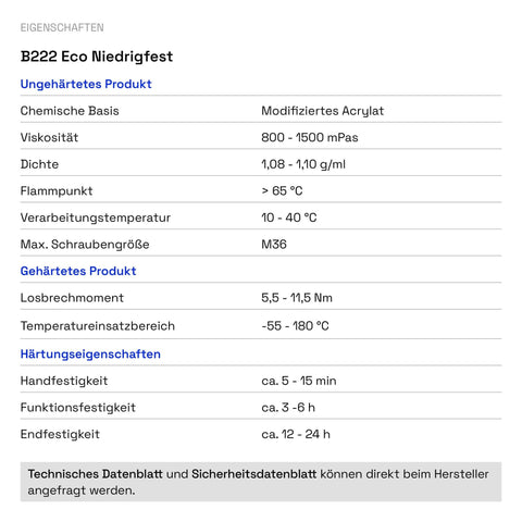 Specifications of B222 Eco Nichtderfest, technical data sheet with viscosity, density, processing temperature, max screw size.