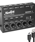 Gig Ready 4 Channel Stereo Audio Mixer USB Powered 5V Ultra Low Noise Submixing Console with USB cable for clubs and home use