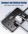 Heavy Duty Flat Plug Surge Protector Power Strip Featuring 11 Wide Spread AC Outlets And 6 Fast Charge USB Ports, compact design with dimensions.