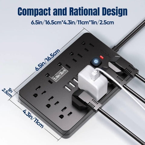 Heavy Duty Flat Plug Surge Protector Power Strip Featuring 11 Wide Spread AC Outlets And 6 Fast Charge USB Ports, compact design with dimensions.