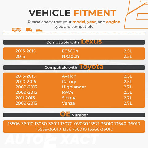 Vehicle fitment chart for Beefed Up Timing Chain Kit With VVT Sprocket For 2.5L And 2.7L Engines Fits 2009 2015 Toyota Avalon, Camry, Highlander, RAV4, Sienna, Venza and 2013-2015 Lexus ES300h, NX300h replacement 13540 36010 13050 36011 13070 0V030.