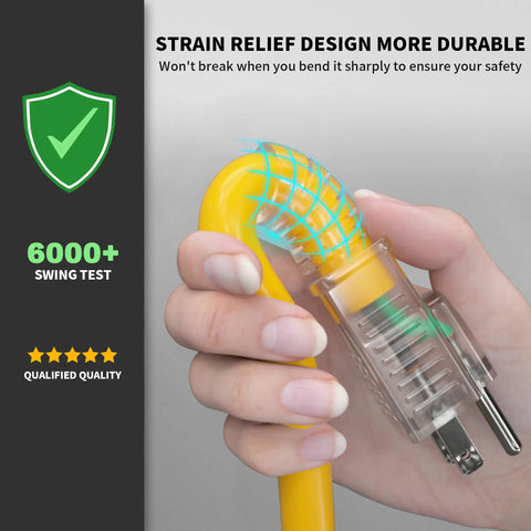 Hand bending a Built Tough Outdoor Extension Cord 2 Ft 12 Gauge 3 Conductor With 3 Outlets Waterproof Yellow ETL Listed