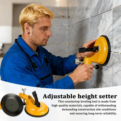 Person using adjustable height setter for precise tile leveling and seam alignment pro countertop leveling tool on wall