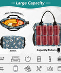 Insulated Lunch Box With Soccer Balls Design Light Blue Medium Grab And Go Meal Prep Lunch Bag Durable Nylon Exterior Pearl Cotton Insulation Keeps Food Fresh All Day Easy Carry Handle, wide-open view