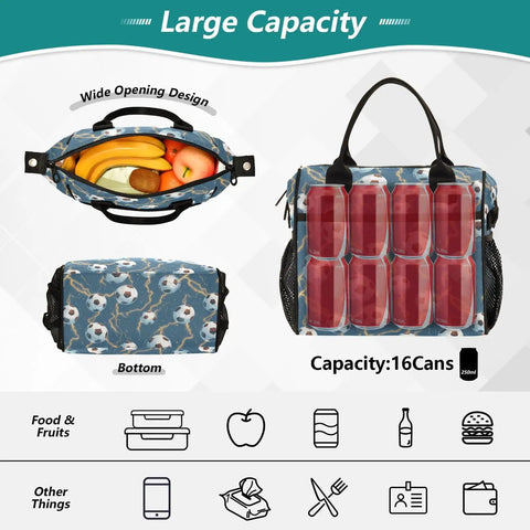 Insulated Lunch Box With Soccer Balls Design Light Blue Medium Grab And Go Meal Prep Lunch Bag Durable Nylon Exterior Pearl Cotton Insulation Keeps Food Fresh All Day Easy Carry Handle, wide-open view