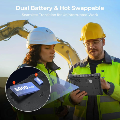 Built Tough Rugged Windows Tablet 10.1 Inch With Windows 11 IoT Enterprise Intel i5 and WiFi 6 16GB Ram 128GB Storage showing dual battery feature on site.