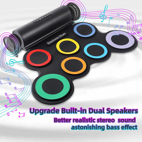 Roll Up Electronic Drum Pad Kit with 7 Pads, MIDI Output, headphones, and dual speakers, shown with musical notes.