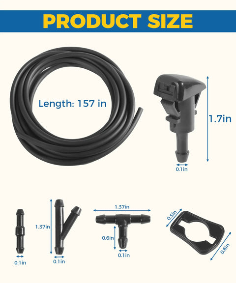 Detailed diagram of 22 Piece Windshield Washer Hose Kit With 13Ft Hose 6 Connectors And 2 Nozzles For Most Cars Flexible Rubber Tubing Replacement