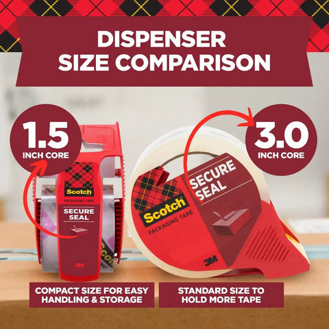 Dispenser size comparison for Scotch Secure Seal tape in 1.5 inch core for handling and 3.0 inch core for more tape