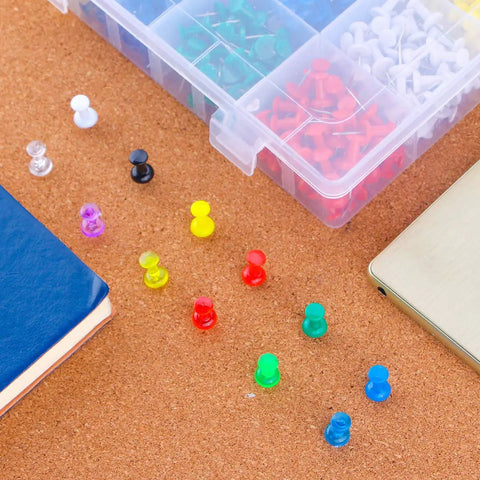 Killer 600 Color Push Pins With Solid Steel Points For Bulletin Boards Maps And Office Desks Sweet 1 Inch Standard Thumb Tacks in assorted colors on corkboard.