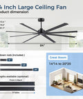 84 Inch Industrial Ceiling Fan With Reversible DC Motor, showing dimensions, suitable for massive garages and shops in matte black.